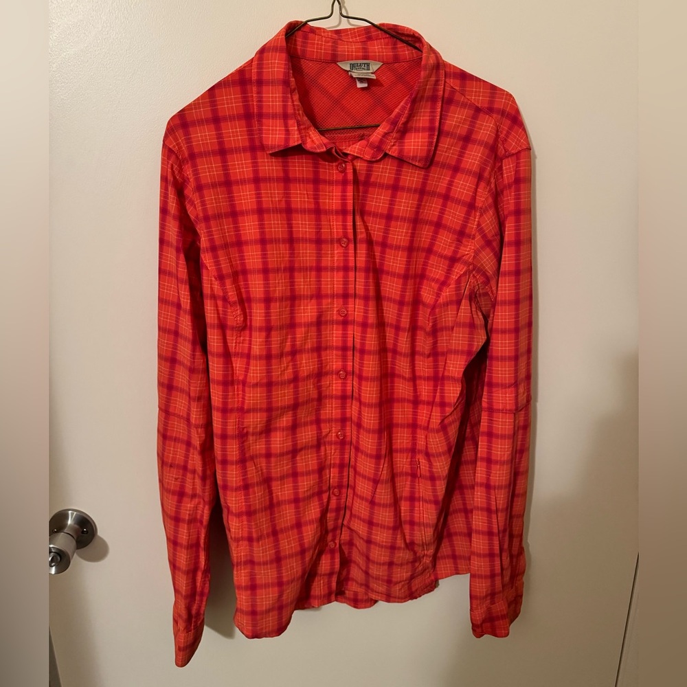 Button down Duluth orange plaid blouse activewear business casual